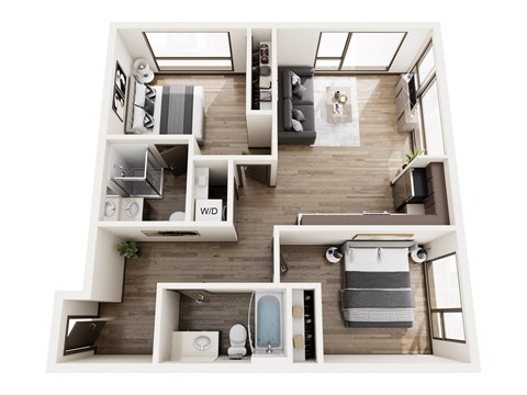 Floor plan for 2 beds, 1.8 baths, 858 sqft